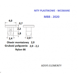MBB- 2020 (4.0),Nity plastikowe wciskane,Grubość płyty 2 mm,Otwór montażowy 2 mm, Opak.500szt.
